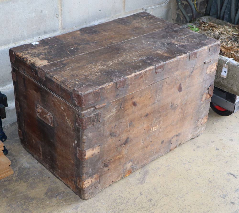 A Victorian iron bound pine travelling trunk, W.84cm, D.53cm, H.54cm